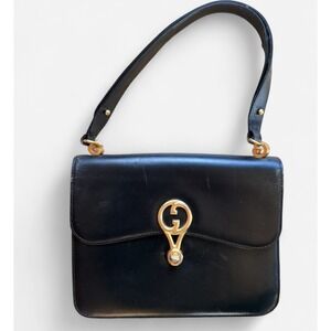Gucci Vintage Leather Interlocking G Logo Shoulder Bag Handbag Black Authentic